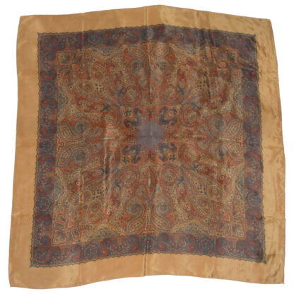 Silk scarf witha light brown border and a central dark brown paisley design