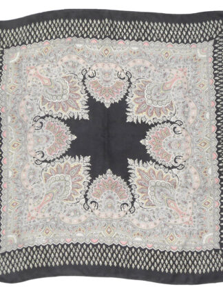 Vintage Liberty of London silk scarf with a dark grey border and a central design in shades of grey and pink