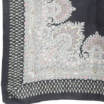 Vintage Liberty of London silk scarf with a dark grey border and a central design in shades of grey and pink