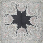 Vintage Liberty of London silk scarf with a dark grey border and a central design in shades of grey and pink