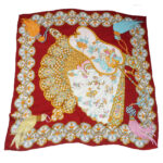 Xiang Mei fan design silk scarf with a dark red border and the central design in shades of pink, blue and gold