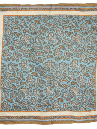 Light blue and brown paisley design silk square with a btown and cream border