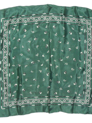 Dark green background silk pocket square with a black and white design