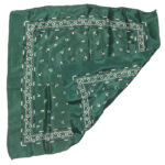 Dark green background silk pocket square with a black and white design