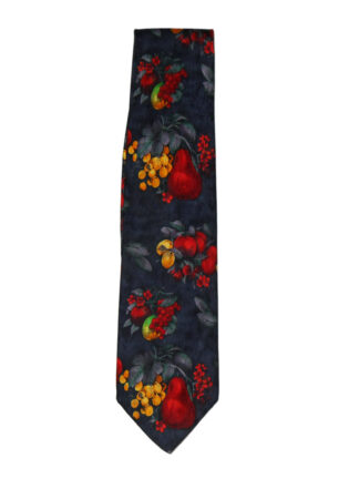 Lloyd Attrree and Smith silk tie with a design on fruit on a dark blue jacquard silk background