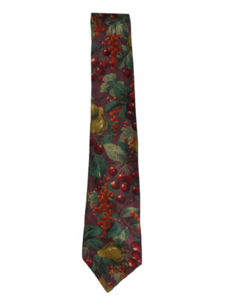 Fruit design of cherries, pearks and berries on a on a burgundy background silk tie