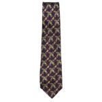 Yellow flower design silk tie on a dark blue background with a red diamond design, made in USA