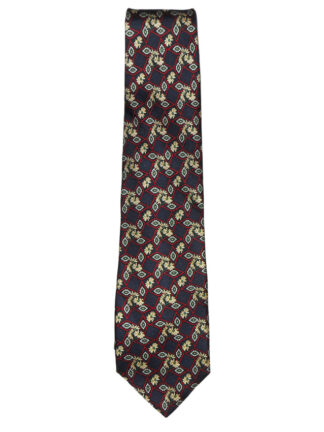Yellow flower design silk tie on a dark blue background with a red diamond design, made in USA
