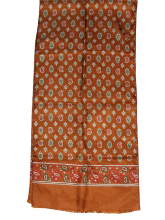 Long Dark Gold Silk Scarf with Red and Green Design