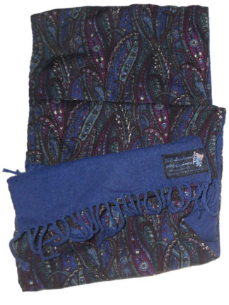 Long cashmere lambswool mix scarf plain dark blue one side maroon dark blue and white design the other