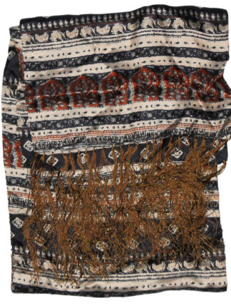 Long silk scarf with tasseled ends and a design in cream, dark blue and brown