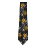 Liberty silk tie with a design of yellow and white flowers on a dark green and dark red foliage background