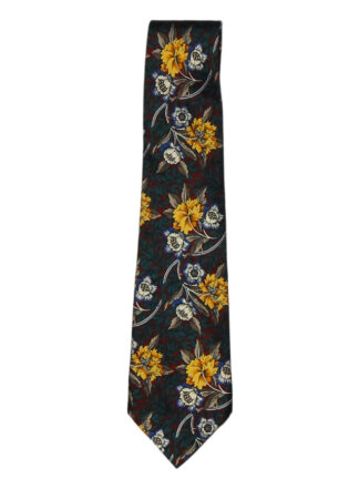 Liberty silk tie with a design of yellow and white flowers on a dark green and dark red foliage background