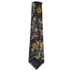 Liberty silk tie with a design of yellow and white flowers on a dark green and dark red foliage background