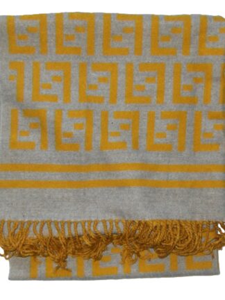 Large grey and yellow soft wool scarf with a design of the Fendi logo repeated.
