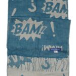 Royal Speyside merino wool blue scarf with a design of the words Bam! Pow! and Wham!