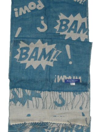 Royal Speyside merino wool blue scarf with a design of the words Bam! Pow! and Wham!