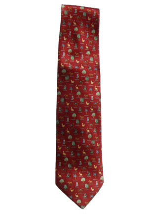 Cattani, Milano Italy, dark red background silk tie with a design of animals, birds and trees