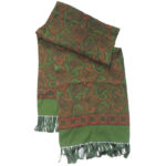 Long silk evening scarf with a green border and a red and green design