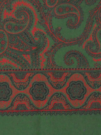 Long silk evening scarf with a green border and a red and green design