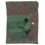 Long silk evening scarf with a green border and a red and green design