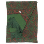 Long silk evening scarf with a green border and a red and green design