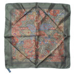 Dark olive border silk square with a design in red, gold and blue