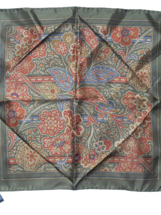 Dark olive border silk square with a design in red, gold and blue