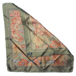 Dark olive border silk square with a design in red, gold and blue