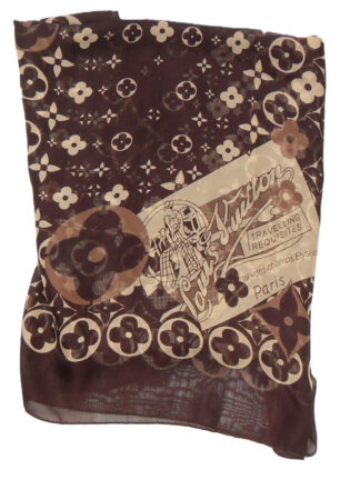 Louis Vuitton travelling requisites design sheer silk scarf in brown and cream