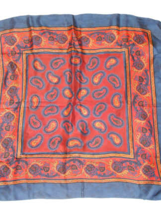 Blue border silk scarf with a red and blue paisley central design