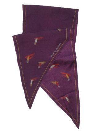 Charles Jourdan long silk scarf with a design of lipstick covered lips smoking a cigarette on a purple background