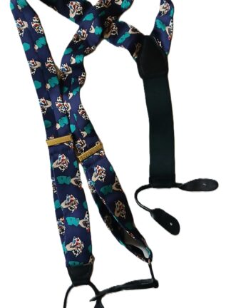 Portfolio Percy Ellis silk braces with a design of a hand holding poker cards on a dark blue background
