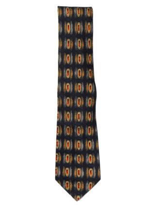 Yves Saint Laurent silk tie with a dark blue background and an abstract design in yellow, red and grey.