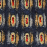 Yves Saint Laurent silk tie with a dark blue background and an abstract design in yellow, red and grey.