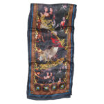 Long printed silk scarf depicting historical figures and buildings