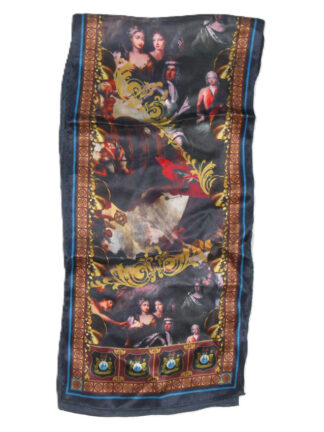 Long printed silk scarf depicting historical figures and buildings