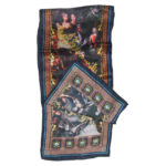 Long printed silk scarf depicting historical figures and buildings
