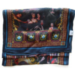 Long printed silk scarf depicting historical figures and buildings